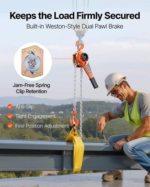 Man operating 1 Ton Lever Chain Hoist With 10 Ft Lift G80 Chain Dual Pawl Mechanical Brake 360 Degree Hooks in outdoor setting