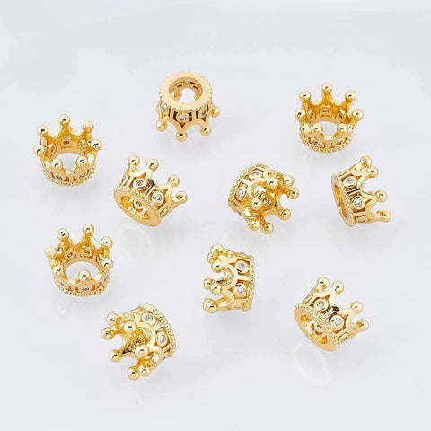 Golden Crown Beads Set 11x7mm Large Hole Crystal Cubic Zirconia Pave King Crown Charms for DIY jewelry making, 10 pcs
