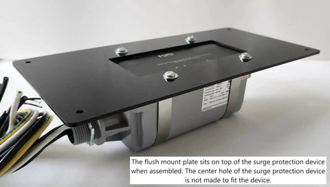 Flush Mount Plate For Whole House Surge Protection Device On Drywall, Black Acrylic Finish, mounted with screws and clips