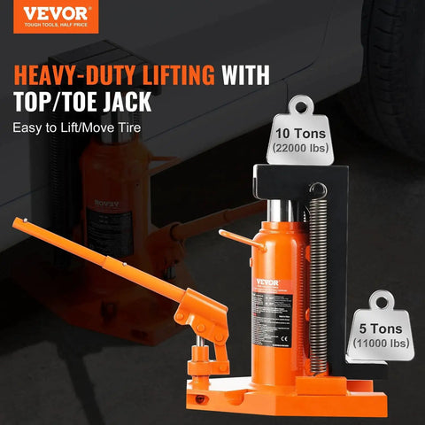 VEVOR hydraulic toe jack, orange, front view; 5-ton toe lift and 10-ton top lift.