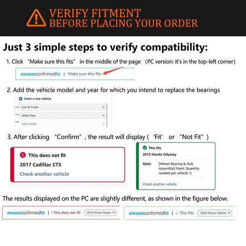 Instructions to verify Part 513121 Front Wheel Bearing Hub compatibility with vehicles like Cadillac CTS or Honda Odyssey.