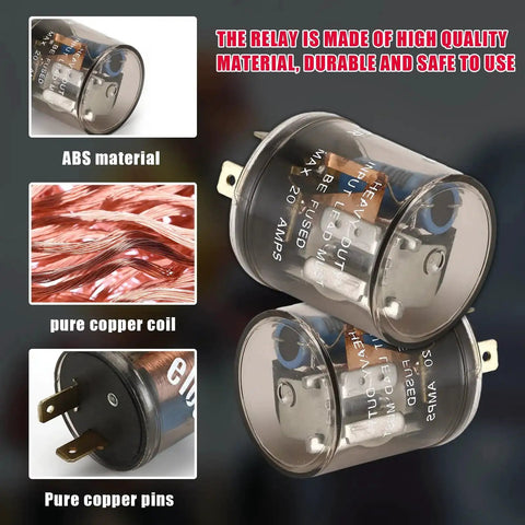 2 Pin 12V LED Flasher Relay For Vehicle Turn Signals with copper coil, side view, close-up showing components and materials.