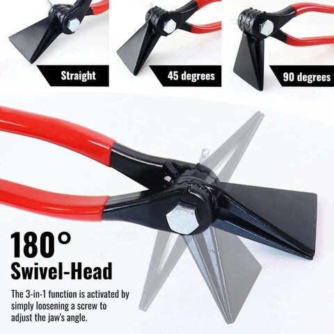 Close-up of 3 In 1 Sheet Metal Bender Pliers with Adjustable Jaw for bending metal at straight, 45, and 90 degrees