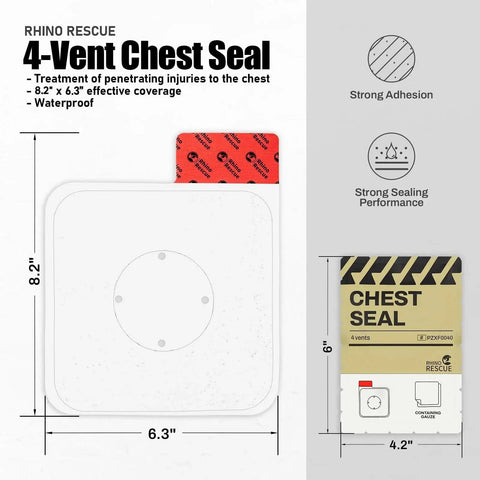 Vented Chest Seal For Penetrating Chest Wounds With 4 Vents Rhino Rescue Sterile Emergency Trauma Dressing Occlusive Adhesive Pad IFAK