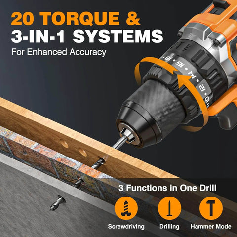 Close-up of Go-To 20V Max Cordless Hammer Drill With Brushless Motor, showing drill bit in use, 20 torque and 3-in-1 systems