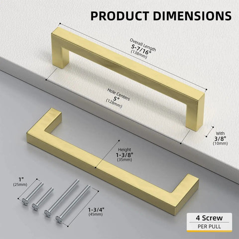 Set Of 20 5 Inch Brushed Gold Cabinet Handles With Square Style Design Premium Stainless Steel Drawer Pulls Dimensions Image