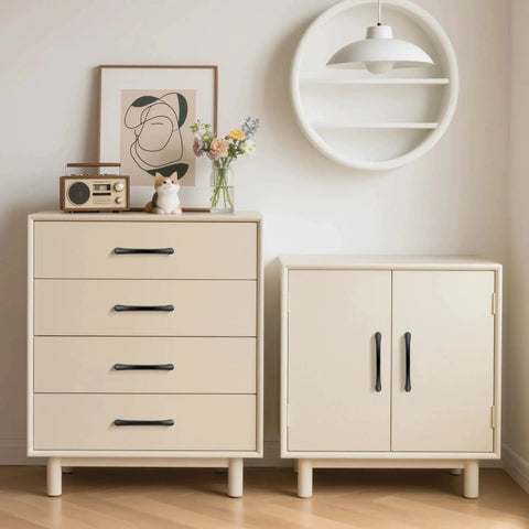 Ten Pack 5 Inch 128mm Hole Center Matte Black Cabinet Pulls Solid Zinc Alloy Drawer Handles on beige dresser and cabinet