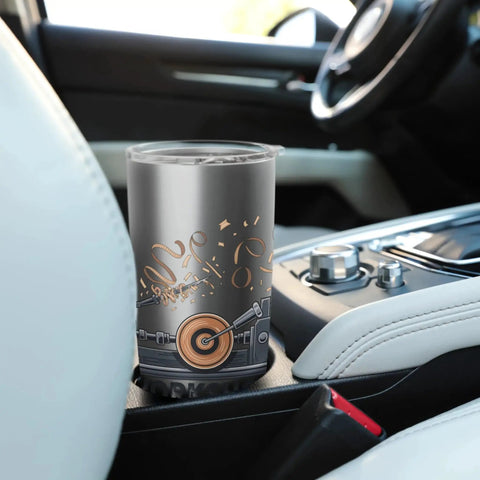 Woodturner Inspired Stainless Steel Insulated Tumbler For Lathe Work Lovers And Makers Keeps Beverages Hot Or Cold With Dual Wall Design For Woodturning Hobbyists And Craftsmen In The Workshop in a car cup holder.