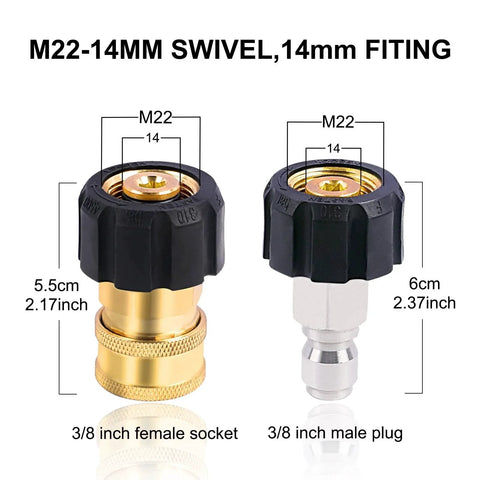 Heavy Duty M22 14 Millimeter To Three Eighths Inch Quick Connect Brass Adapter Set For Four Thousand Five Hundred PSI Pressure Washers