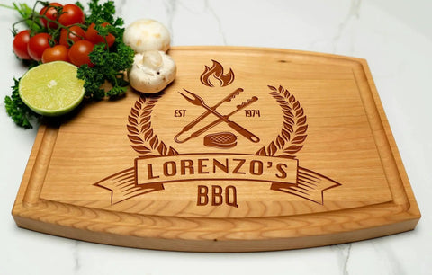 Personalized Engraved Cutting Board for Dad and Grandpa - Custom Wood BBQ Grilling Board for Him with vegetables on top