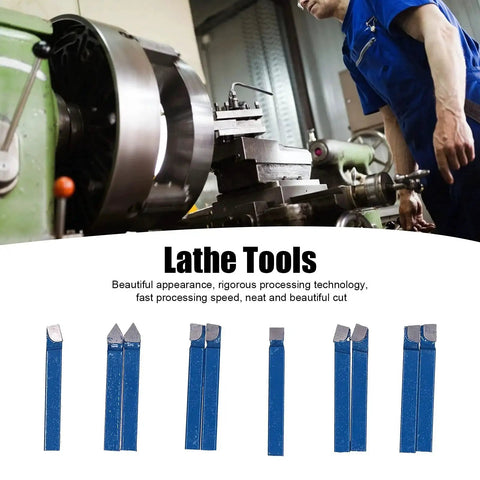 10 Pack Quarter Inch Metal Lathe Cutting Tools With Carbide Tips C6 Bits For Turning Boring And Chamfering displayed near a lathe machine