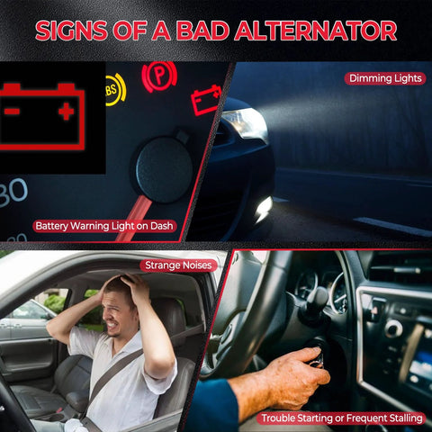 Signs of a bad alternator: battery warning, dimming lights, strange noises, trouble starting car.