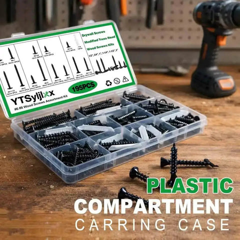 195 Piece Black Wood Screws And Drywall Screws Kit with flat head and Phillips truss head in plastic compartment case on workbench