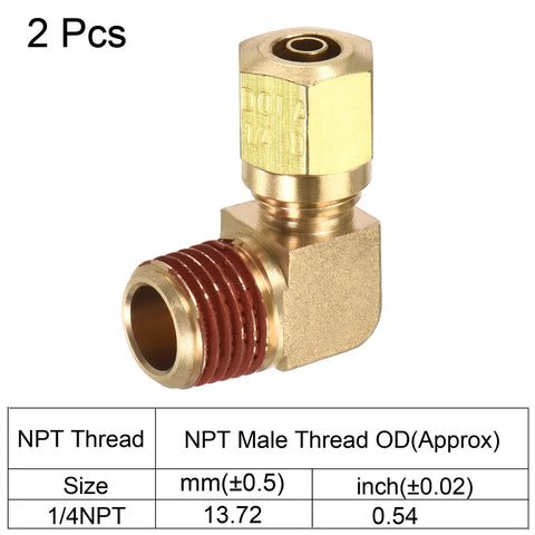 Brass 90-degree elbow compression fitting, 1/4 NPT to 1/4 in tube OD, pack of 2