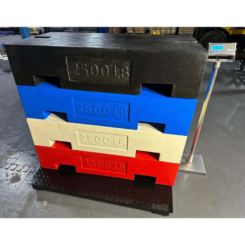 Beefy Floor Scale For Pallets And Shipping In Warehouse Use With Smart Digital Indicator 48 By 48 Inches 10000 Lb Capacity Accurate To 1 Lb Built For Tough Industrial Environments And Long Life with stacked colored weigh blocks.