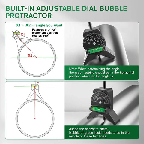 Built-in adjustable dial bubble protractor on a pipe demonstrating angle measurements and alignment tips.
