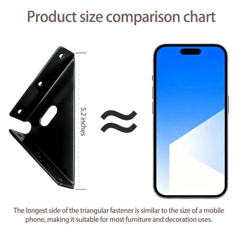 Set Of 4 Beefy Heavy Duty Gusset Joints For Furniture And Shelves With size comparison to smartphone, trapezoid corner braces shown