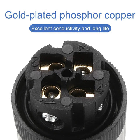 Close-up of Two Pack M12 4 Pin Male Aviation Connector Wire Plug A Coding showing gold-plated phosphor copper contacts.