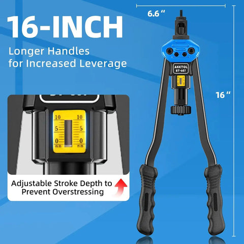 Front view of 16-Inch Rivet Nut Tool Kit with adjustable stroke and longer handles for leverage