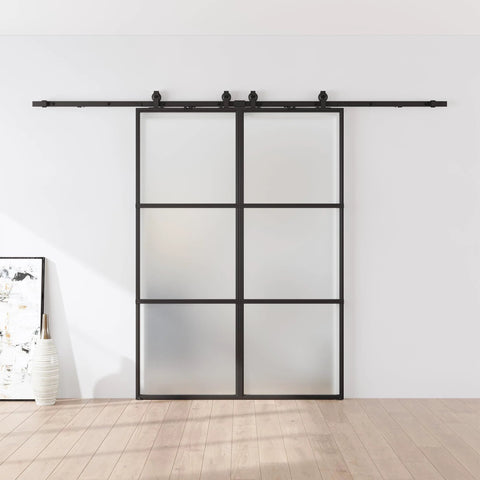 Sturdy Metal And Glass Sliding Double Barn Door With Hardware Kit 48 By 84 Inches Soft Close Included, installed view