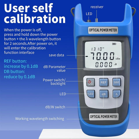 Blue handheld A-C710A optical power meter with LCD display and labeled buttons
