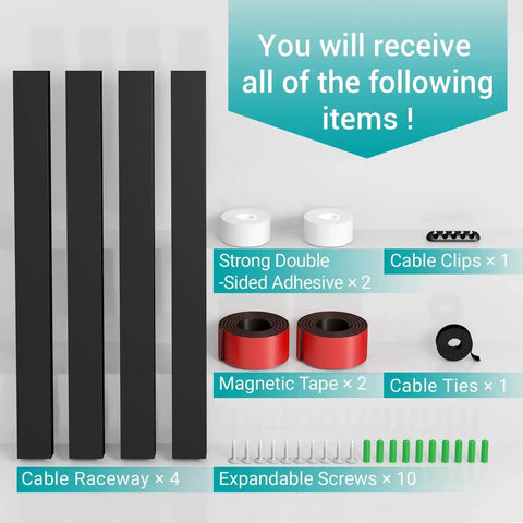 Magnetic Cable Management Raceway Kit Easy Install For Under Desk includes raceways, adhesive, tape, clips, ties, screws, 4 pack black.