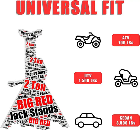 Infographic showing universal fit for 2 Ton Steel Car Jack Stands Pair 4000 Lb Capacity With Welded Frame for various vehicles.