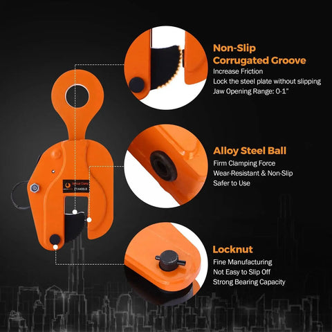 Vertical Plate Lifting Clamp 2 Ton 4400 Lbs, orange alloy steel with non-slip groove, locknut and ball details close-up.