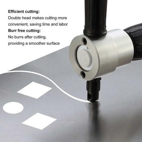 Close-up of Double Head Sheet Metal Cutter with 360 Degree Nibbler Drill Attachment cutting metal, demonstrating burr-free cuts.