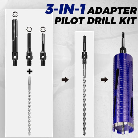 Pro Heavy Duty Dry Core Drill Bit Set With Pilot Bit And 3 Adapters For Concrete With Rebar Masonry Brick And Mortar, 2.5 Inch Core Bit