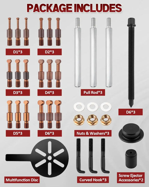 Components of 21 In 1 Bearing Puller Kit With Curved Hook And Red Steel Collet, including pull rods, nuts, and multifunction disc.