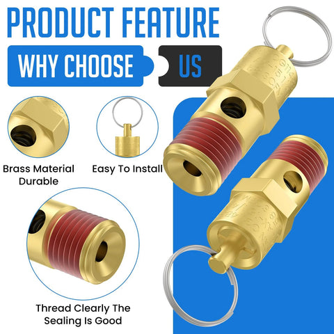 Two brass 1/4-in NPT(M) air compressor pressure relief valves with red seals for tank pop-off safety