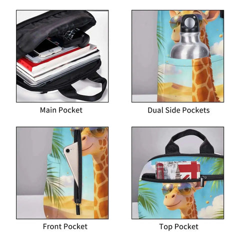 Cool Giraffe Desert Print Sunglasses Dual-Shoulder Backpack with pockets, lightweight daypack for work travel, durable polyester canvas.