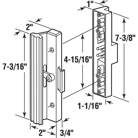 Diagram of C 1116 Diecast Sliding Door Handle Set White Non Keyed Replacement Kit for older patio doors, with measurements.