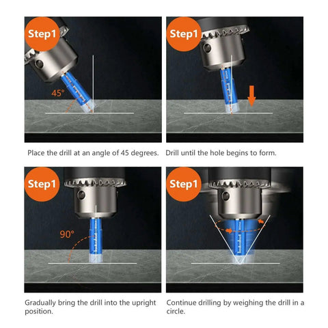 Diagram showing the 5 Piece Pro Grade Dry Diamond Core Drill Bits Set Three Sixteenth Inch For Ceramic Porcelain Tile Granite Marble Glass and other hard materials being used at different angles, Step 1 instructions visible.