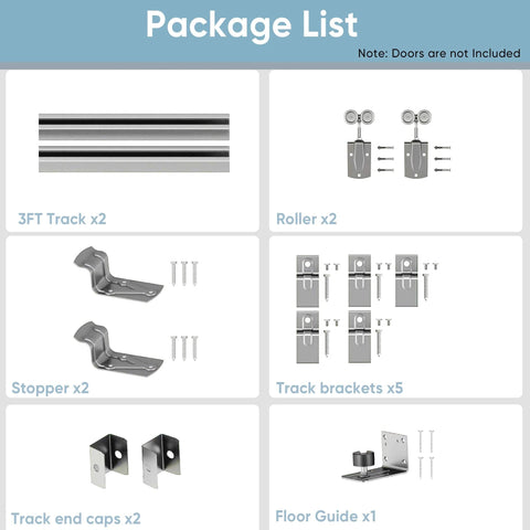 Package components of 6 Foot Box Rail Barn Door Hardware Kit Heavy Duty Silver Sliding Track System include tracks, rollers, and brackets.
