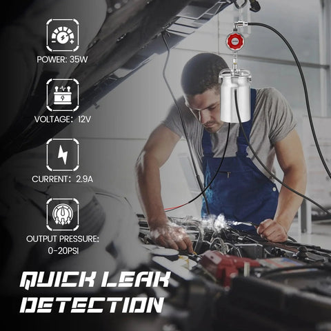 12V DC EVAP Smoke Machine Leak Detector for Quick Vacuum Leak Testing in Cars, Trucks, and Boats, Garage Grade Automotive Smoke Tester With Upgraded Heating Element and Universal Cone Adapter by Haoguo in use by mechanic under car hood.