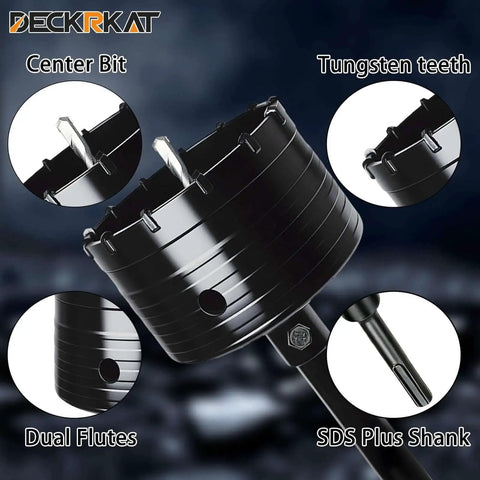 Two And A Half Inch Concrete Hole Saw Kit With SDS Plus Shank Includes Two Center Bits For Concrete Brick And Stone Electroplated Black Quenching Tech Heavy Duty Thickened Alloy Teeth For Faster Cuts And Longer Life Perfect For Pros And DIY Enthusiasts, showing detailed view of center bit, tungsten teeth, dual flutes, and SDS Plus shank.