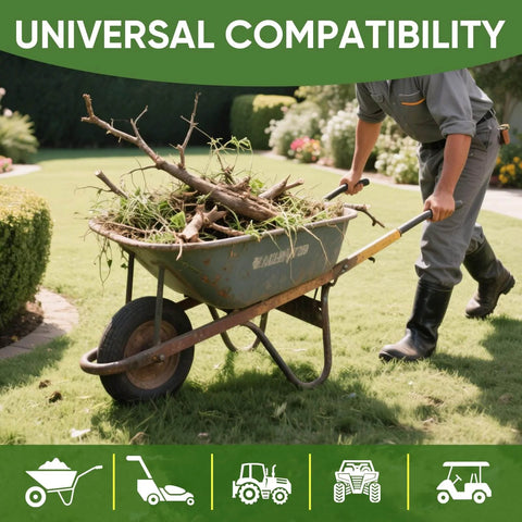 Person using wheelbarrow with 2 Pack 4.80 4.00 8 Inner Tubes With TR 13 Straight Valve for Wheelbarrows on grass