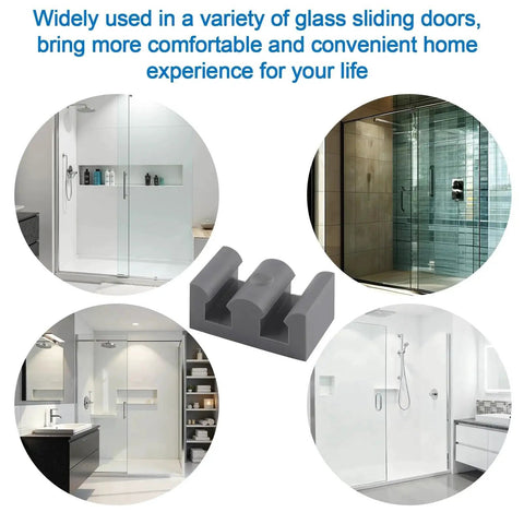 4-Piece Framed Silicone Shower Door Bumpers For Sliding Glass Doors, clear grey bumpers shown with various shower enclosures.