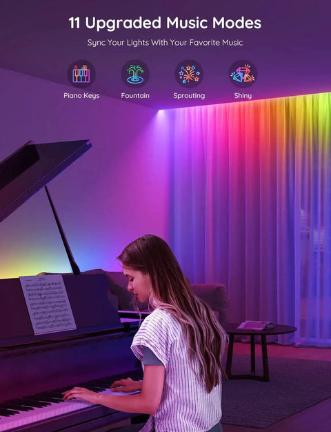 RGBIC LED Strip Lights With Bluetooth App Control For Bedroom Decor 16.4ft installed above curtains with music modes display
