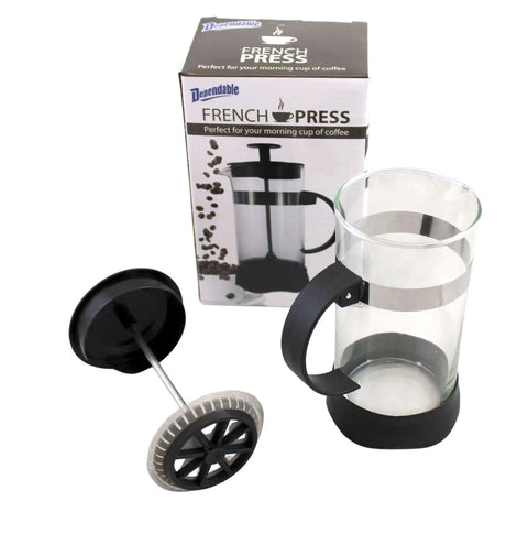 12 Ounce Glass French Press Coffee And Tea Brewer For Single Cup Brews Easy To Use With Durable Heat Resistant Glass And Plastic Exterior Reusable Mesh Filter And Smooth Pour Spout Compact 7 Inch Tall, shown with packaging