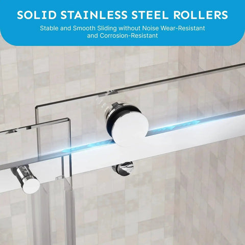 Close-up of Frameless Sliding Shower Door 48x72 Inches With 1/4 Inch Tempered Glass, Heavy-Duty 304 Stainless Steel Hardware rollers.