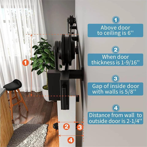 Side view of 4 Ft Sliding Barn Door Hardware Kit For Single Door - Heavy Duty Black Track System installed, showing clearances and dimensions.