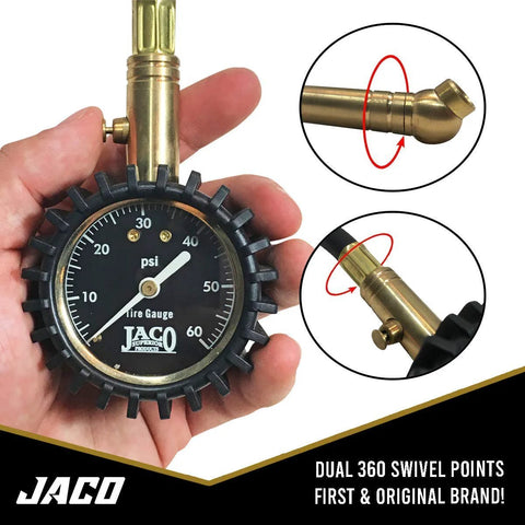 JACO ElitePro tire pressure gauge front view with 0-60 psi dial and brass swivel fittings