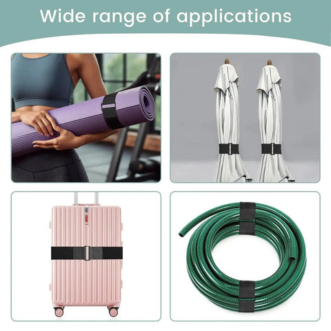 Collage showing different uses for 1.5 Inch Wide Cinch Straps 16 Foot Heavy Duty Nylon Cable Ties With 20 Buckles For Custom Lengths And Easy Organization Reusable Black Straps With Hook And Loop For Storage And DIY Projects. Straps securing a yoga mat, folded tents, a suitcase, and a garden hose.