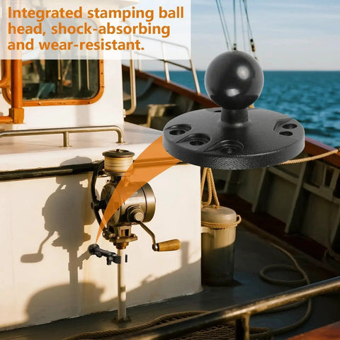 Heavy Duty Trolling Motor Stabilizer Mount For Terrova Riptide Terrova Ulterra PowerDrive on boat, close-up of ball head.