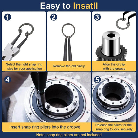 Diagram showing installation steps for 10 Pcs Internal Retaining Rings Set 48mm C Clip Snap Rings 65Mn Steel Circlips.