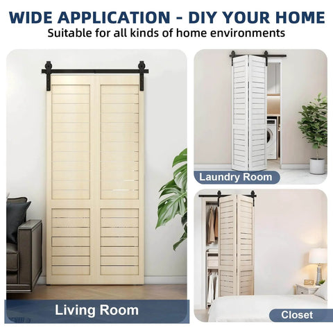 Heavy Duty Bi Fold Barn Door Hardware Kit For Double Doors 3 Foot Track System installed in living room, laundry room, and closet
