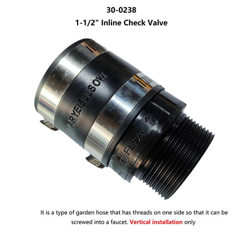 Inline check valve, 1-1/2 in, black body with silver metal ends and threaded connection